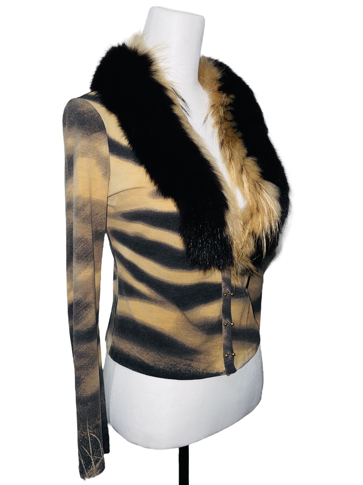 ROBERTO CAVALLI F/W 2000 White Tiger Print Fox Fur Trimmed Longleeve Cardigan - M