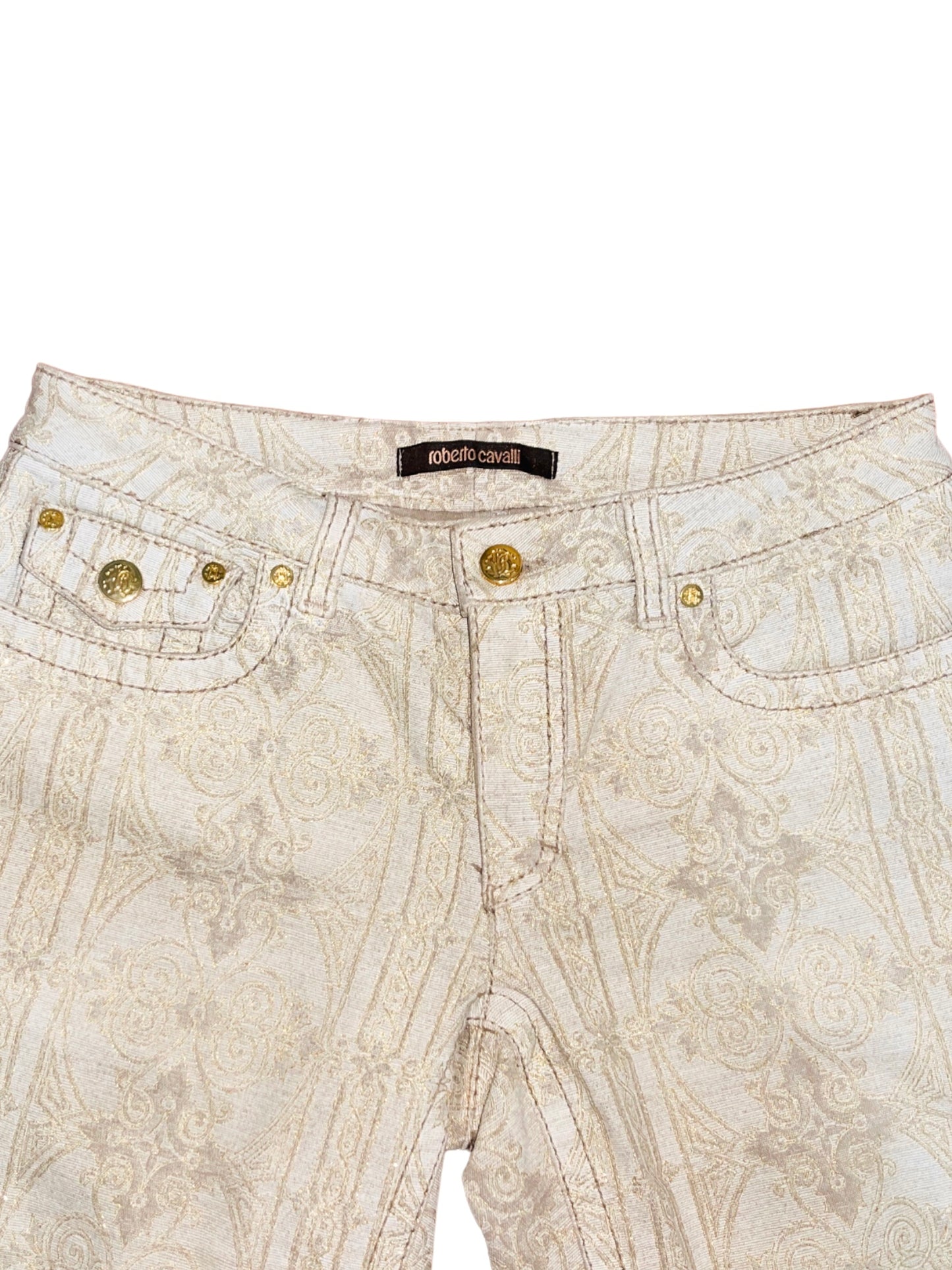 ROBERTO CAVALLI Mid-2000s Metallic Ecru Tapestry Flare Jeans - 42