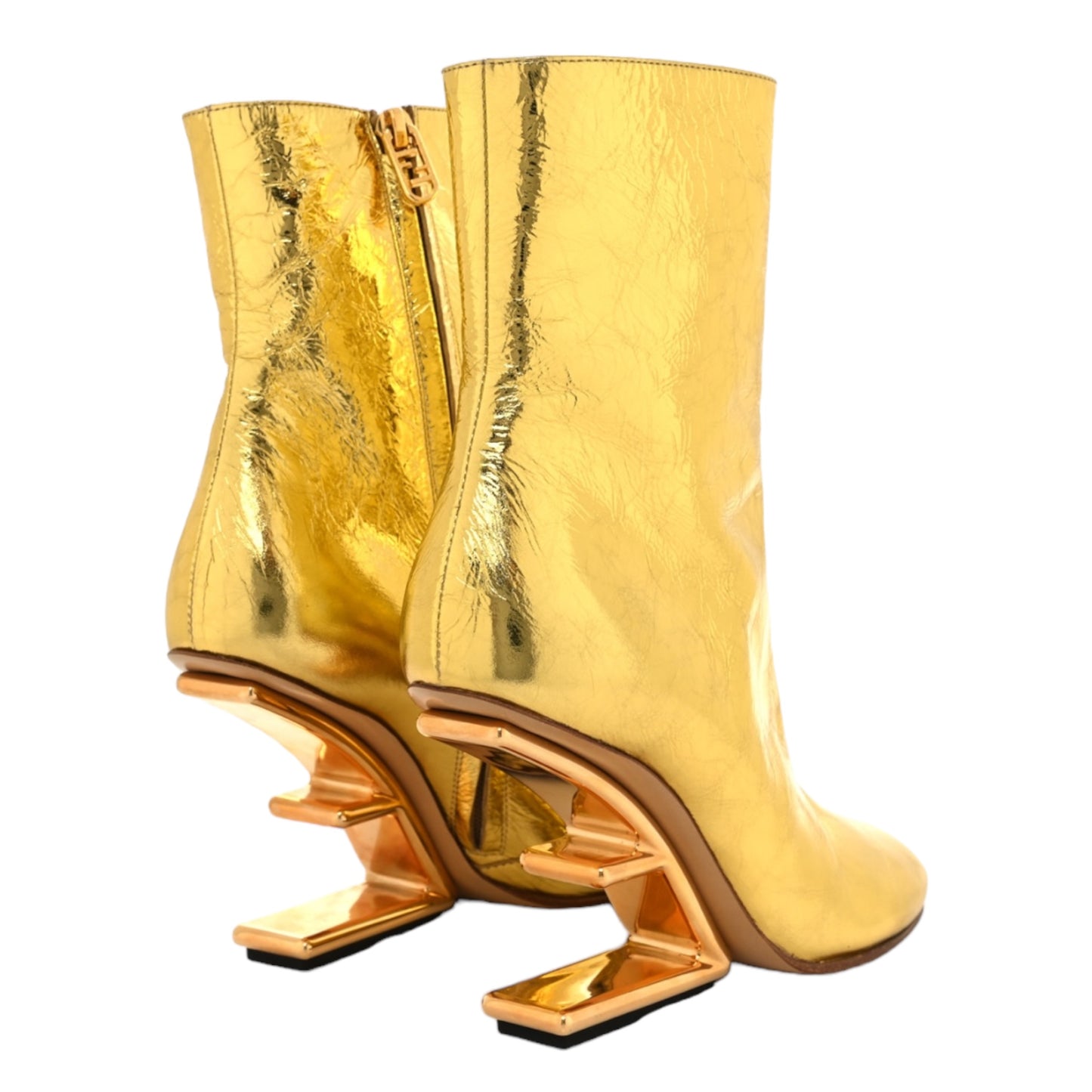 FENDI First Gold “F” Laminated Craquele Nappa Lambskin Leather 95mm Booties - IT 37