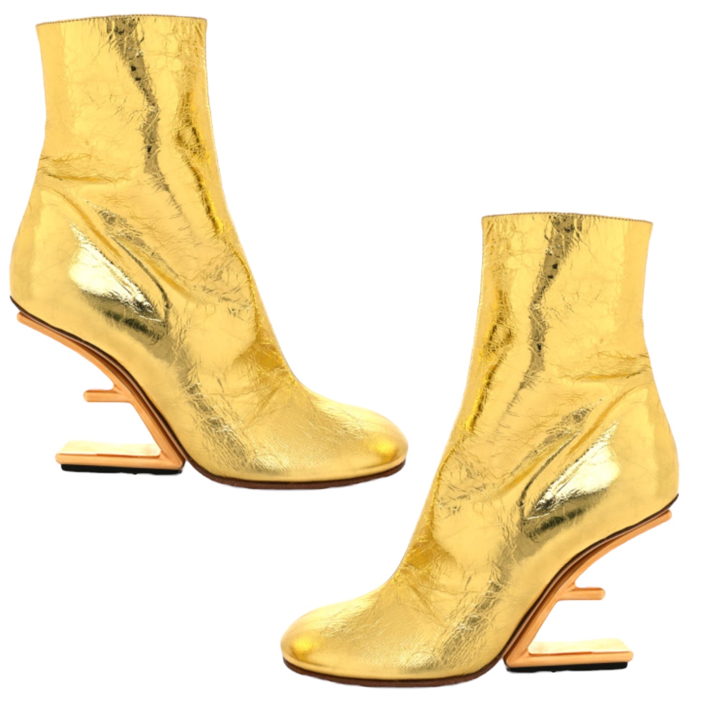 FENDI First Gold “F” Laminated Craquele Nappa Lambskin Leather 95mm Booties - IT 37