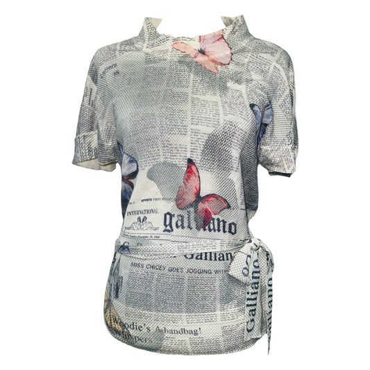 GALLIANO Grey Pink Butterflies Gazette Newspaper Print Tie Waist Cashwool Top - M